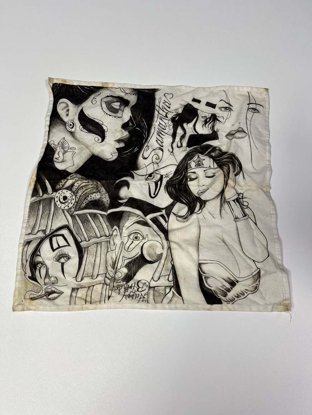 Vintage Paño Prison Art Hand Drawn Bandana Mexican Folk Art Chicano Tattoo Ink